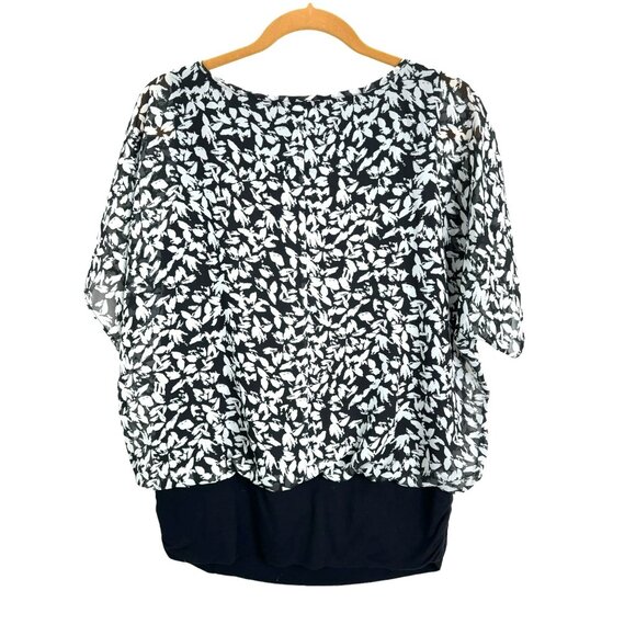 AB Studio Women's L Layered Chiffon Blouse with Floral Print Black & White - Picture 4 of 11